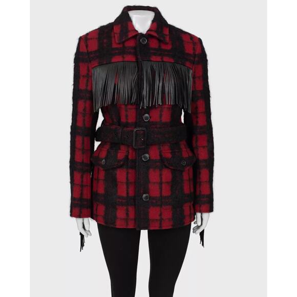 Saint Laurent Belted Fringed Checked Wool Coat Jacket  Sz. 42 - Picture 1 of 4